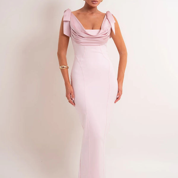 Mozision Women Draped Cowl Neck Mermaid Maxi Dress Bow Shoulder Sleeveless Back Split Solid Pink Satin Evening Party Long Dress