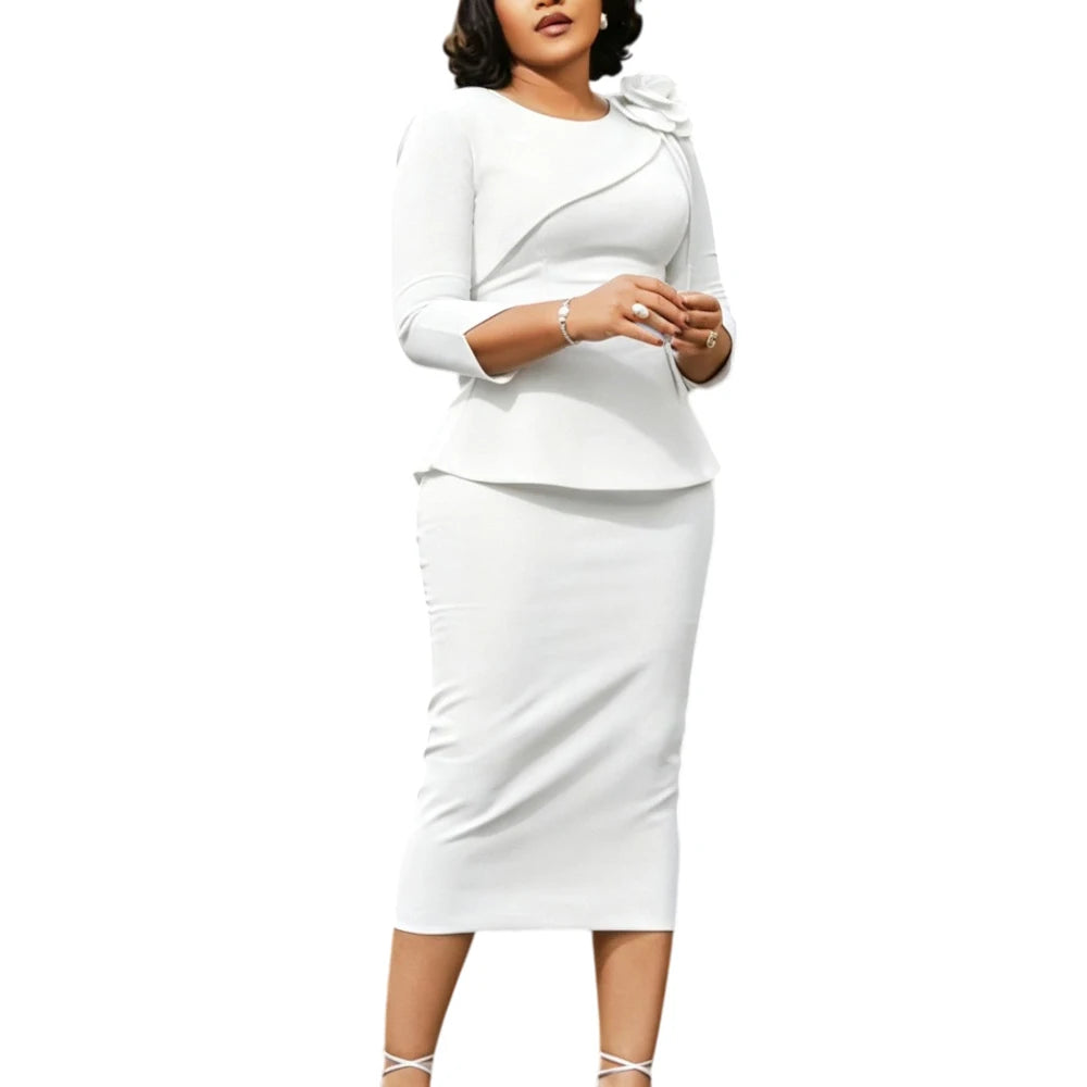 JENYAGE Women Modest Elegant Classy 3D Flower Peplum Midi Dress 3/4 Sleeve Round Neck Bodycon Pencil Formal Office Church Outfit