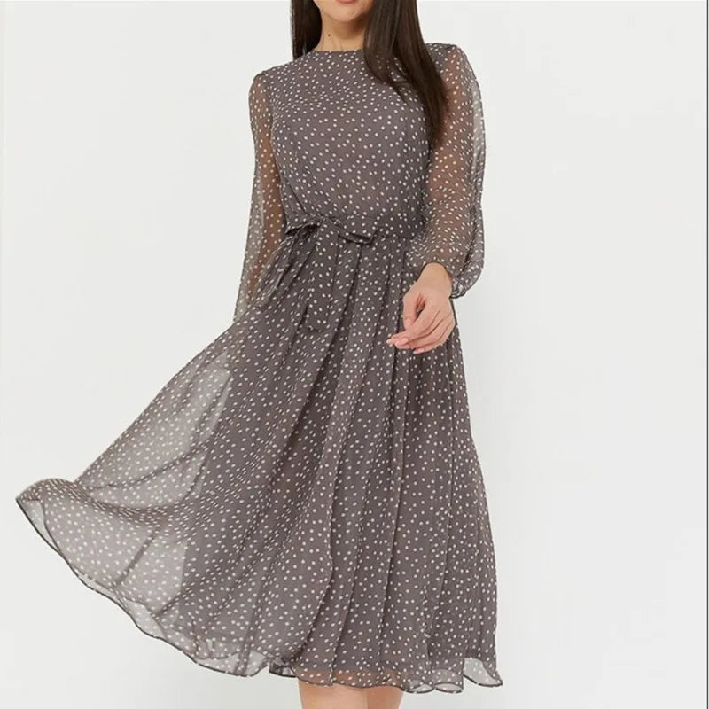 Women's Midi Dress Round Neck 3/4 Sleeve Polka Dot Print Chiffon Waist Tie Flared Big Hem Woman Clothing Dress for Garden Party