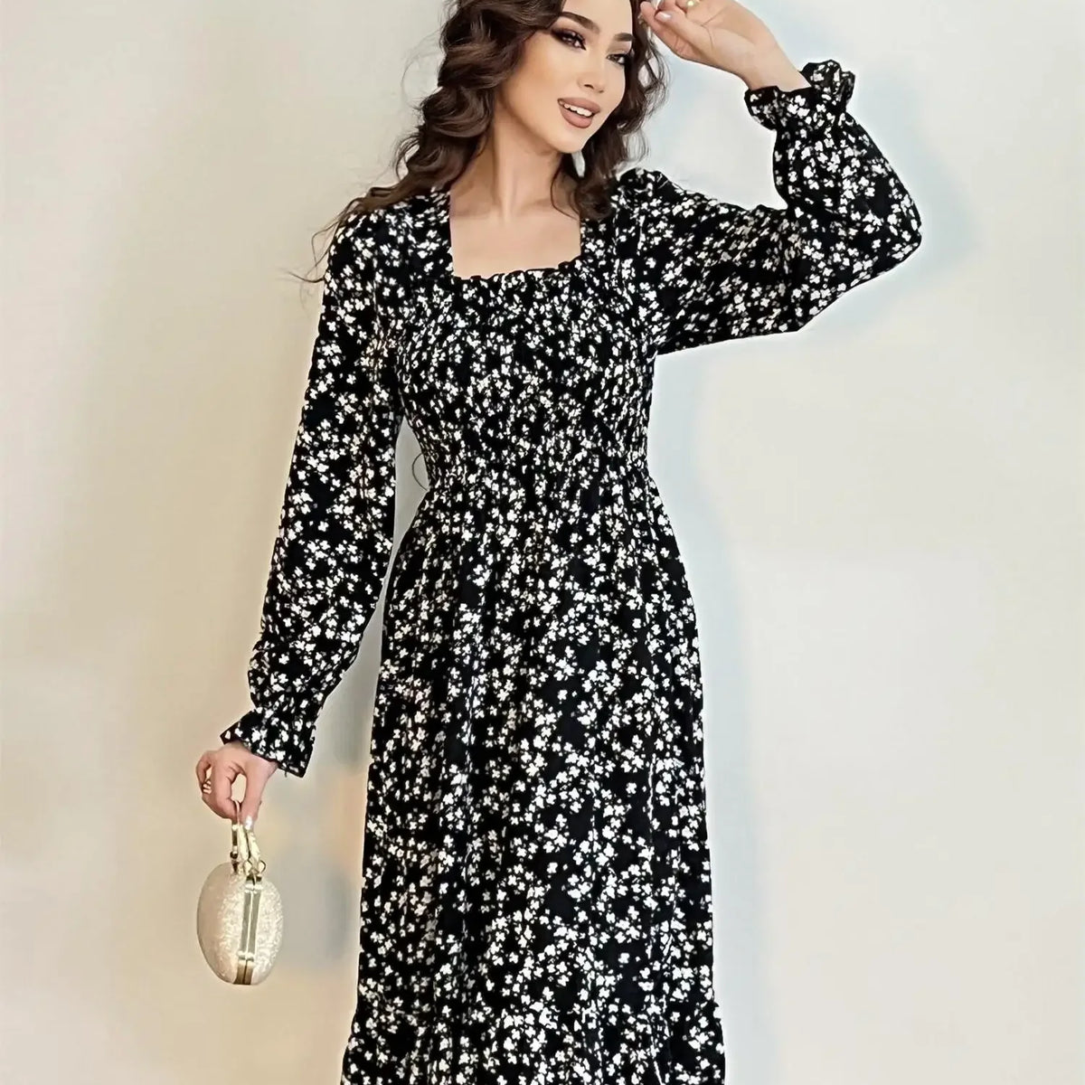 Long Sleeve Casual Dress Women Chiffon Dresses Autumn Spring A-line Printed Floral Elastic Chest Lace Up Midi Dresses Vestidos