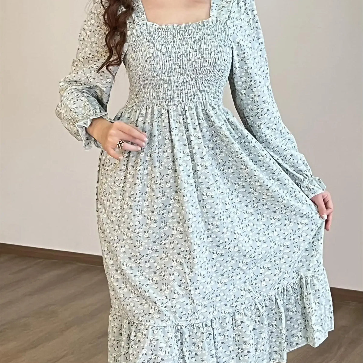 Long Sleeve Casual Dress Women Chiffon Dresses Autumn Spring A-line Printed Floral Elastic Chest Lace Up Midi Dresses Vestidos
