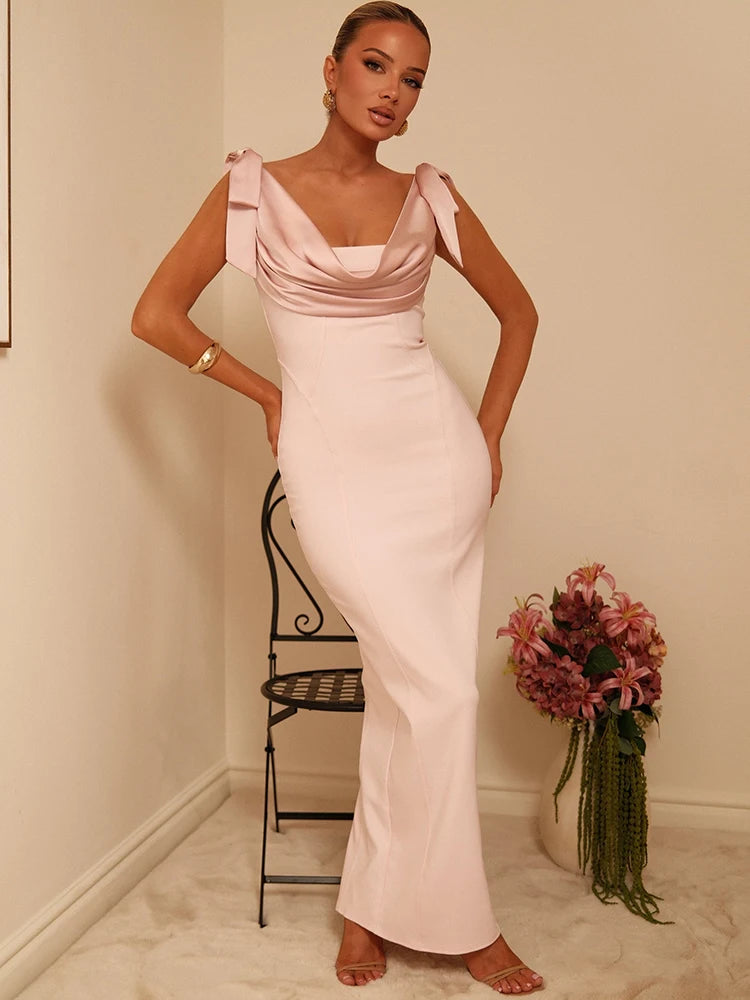 Mozision Women Draped Cowl Neck Mermaid Maxi Dress Bow Shoulder Sleeveless Back Split Solid Pink Satin Evening Party Long Dress