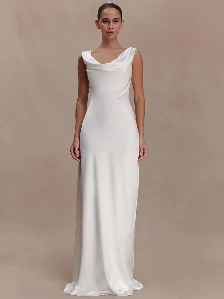 Mozision Elegant Satin Cowl Neck Sexy Maxi Dress Women Fashion Sleeveless Backless Bodycon Slip Club Party Long Dress Female