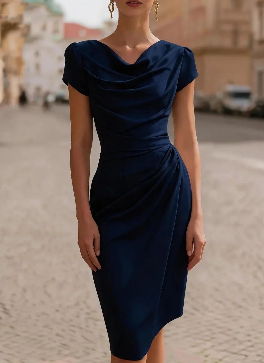 Women Cowl Neck Satin Midi Pencil Dress Cap Sleeve Waist Ruched Slim Elegant Cocktail Dress