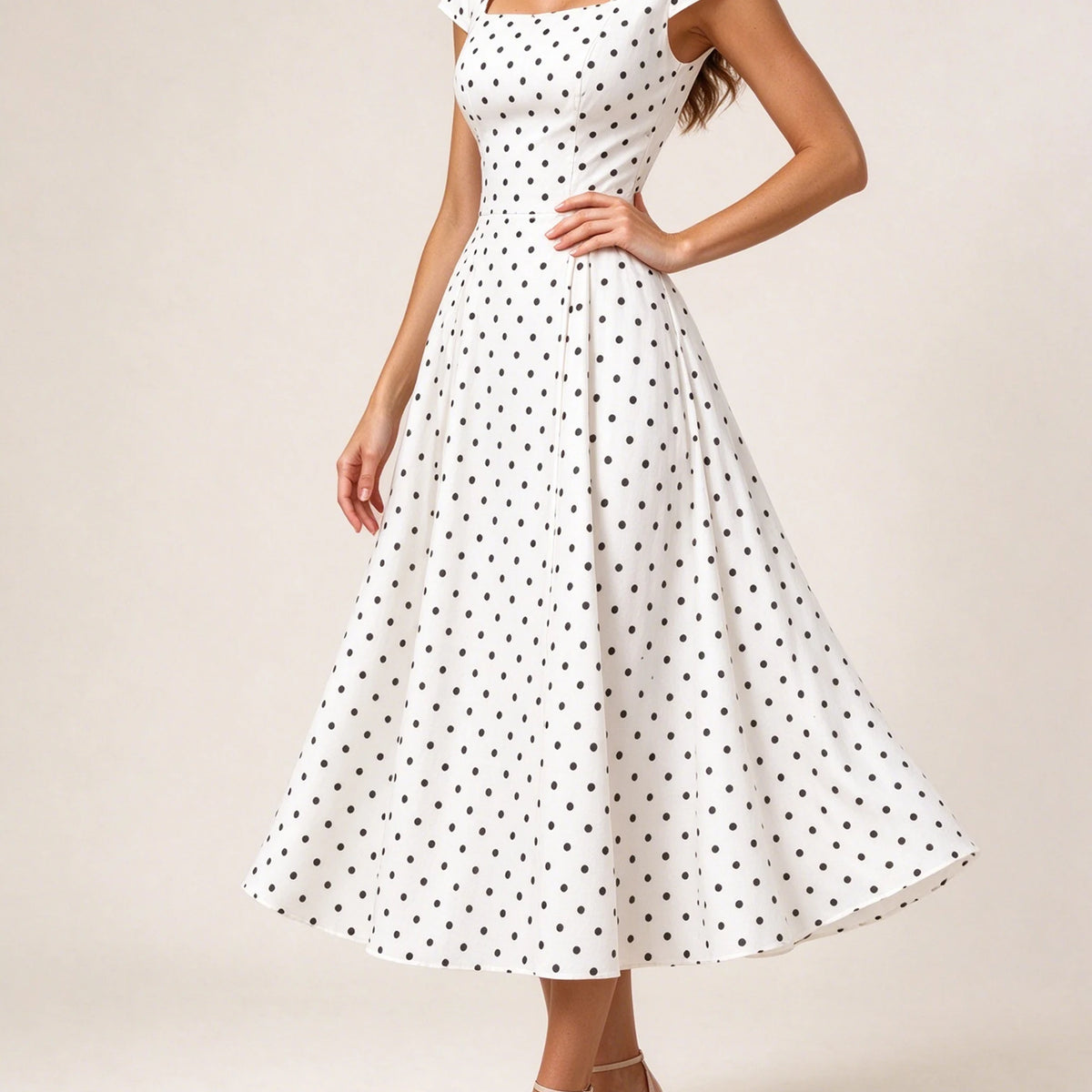 Women Polka Dot Chiffon Midi Dress Square Neck Puff Sleeve Pleated A-Line Dress Casual Summer Elegant Dresses Y2k Streetwear New
