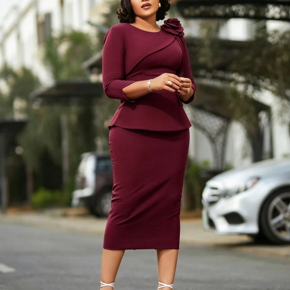 JENYAGE Women Modest Elegant Classy 3D Flower Peplum Midi Dress 3/4 Sleeve Round Neck Bodycon Pencil Formal Office Church Outfit