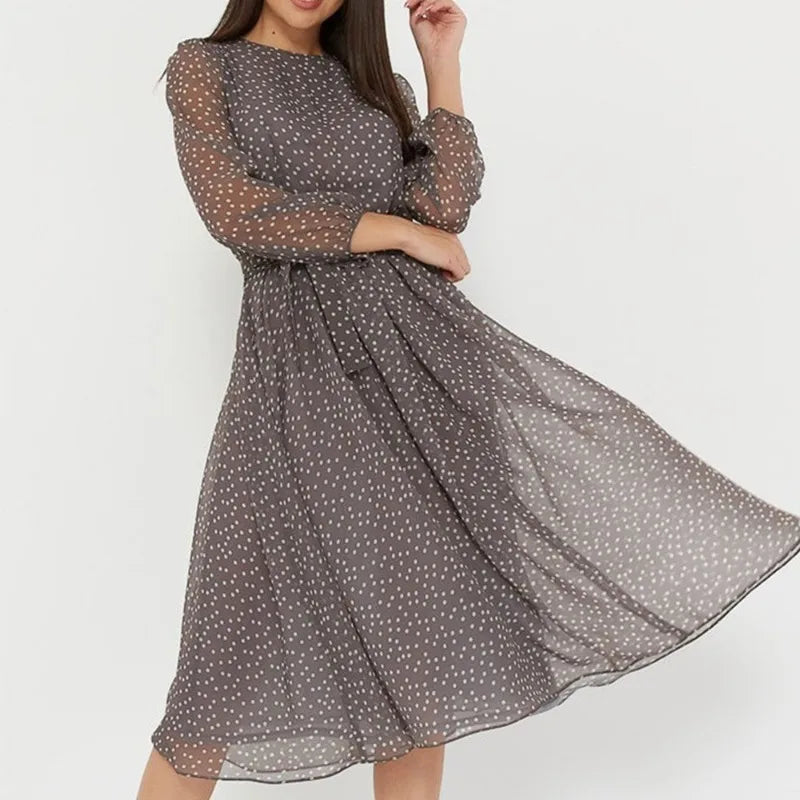 Women's Midi Dress Round Neck 3/4 Sleeve Polka Dot Print Chiffon Waist Tie Flared Big Hem Woman Clothing Dress for Garden Party