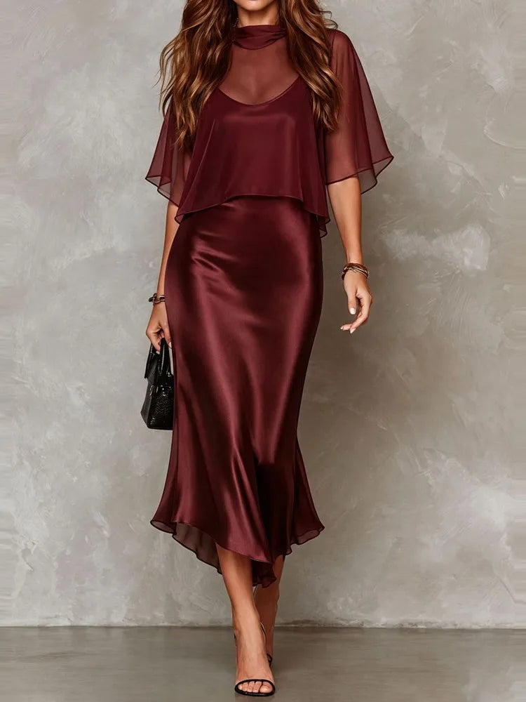 Elegant Women's Chiffon Cape Top Satin Mermaid Dresses Fashion Slim Bodycon Cami Dress Evening Party Cocktail Dress Female
