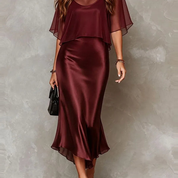 Elegant Women's Chiffon Cape Top Satin Mermaid Dresses Fashion Slim Bodycon Cami Dress Evening Party Cocktail Dress Female