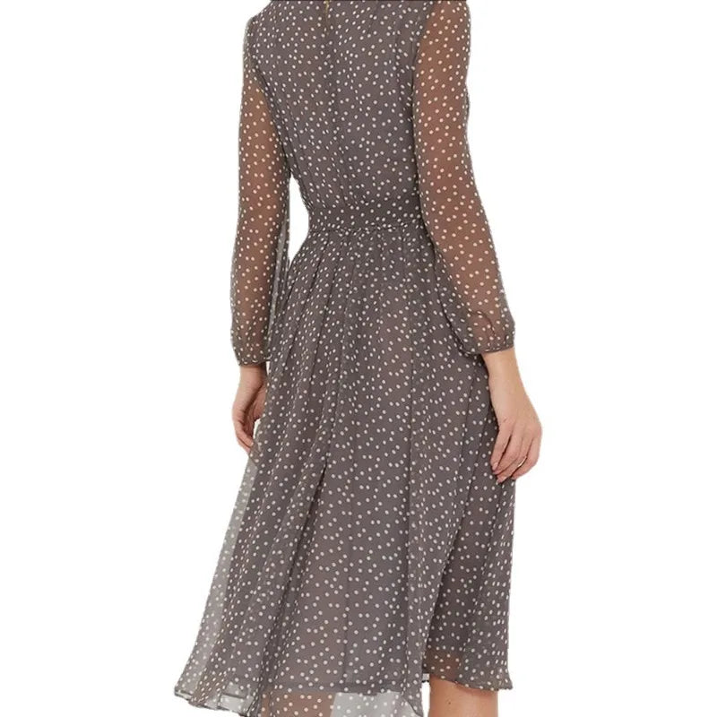 Women's Midi Dress Round Neck 3/4 Sleeve Polka Dot Print Chiffon Waist Tie Flared Big Hem Woman Clothing Dress for Garden Party
