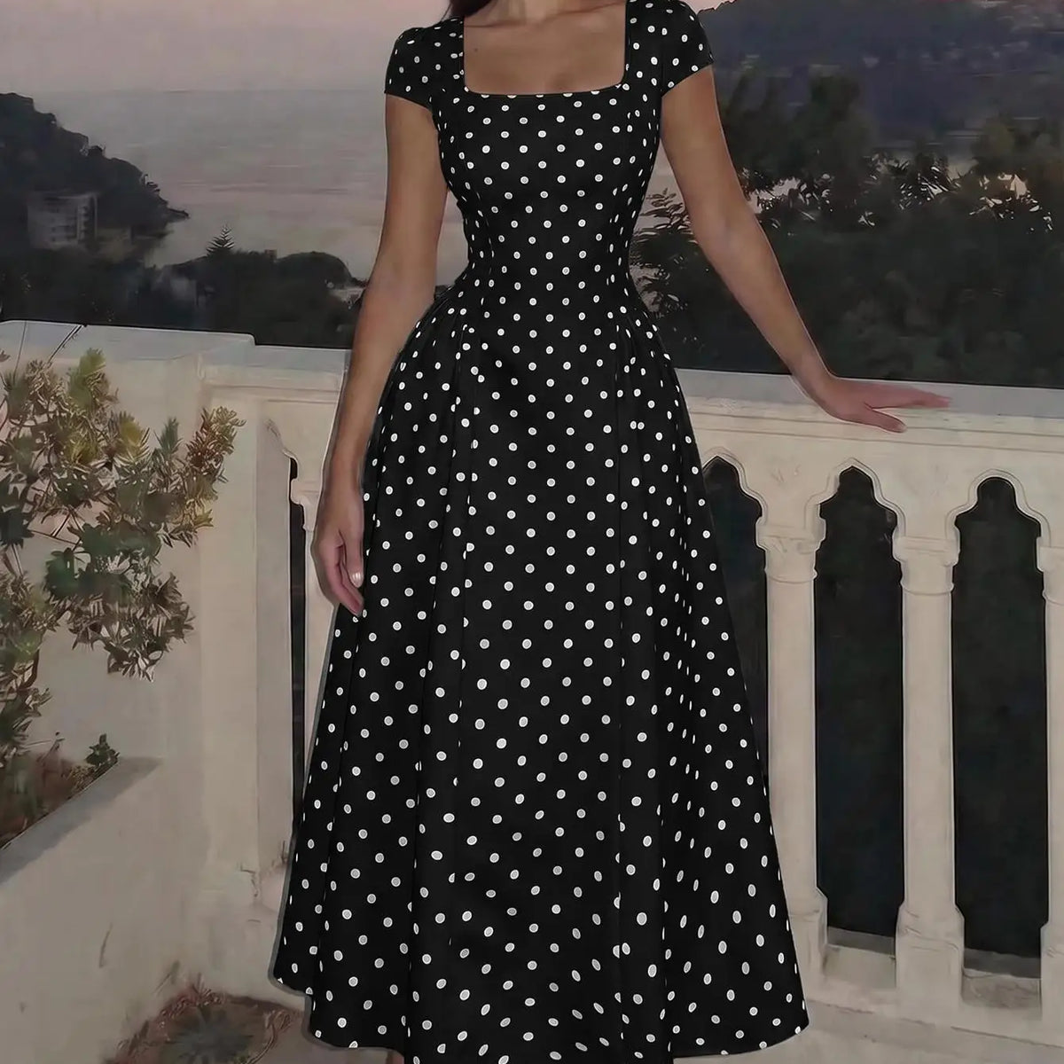 Women Polka Dot Chiffon Midi Dress Square Neck Puff Sleeve Pleated A-Line Dress Casual Summer Elegant Dresses Y2k Streetwear New