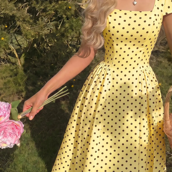 Women Polka Dot Chiffon Midi Dress Square Neck Puff Sleeve Pleated A-Line Dress Casual Summer Elegant Dresses Y2k Streetwear New