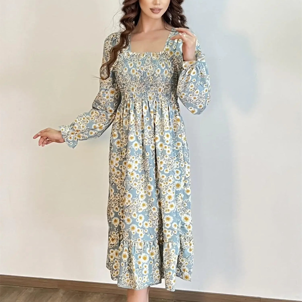 Long Sleeve Casual Dress Women Chiffon Dresses Autumn Spring A-line Printed Floral Elastic Chest Lace Up Midi Dresses Vestidos
