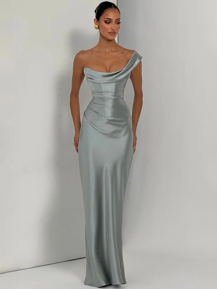 Mozision Elegant Satin One Shoulder Evening Dress Women Cowl Neck Sleeveless Bodycon Maxi Dress 2026 Spring Summer Party Gowns