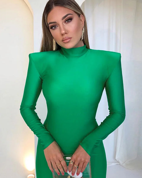 Shoulder Padded Long Sleeve Bodycon Green Party Club Maxi Long Dress  Spring Autumn Women Fashion Elegant Clothes