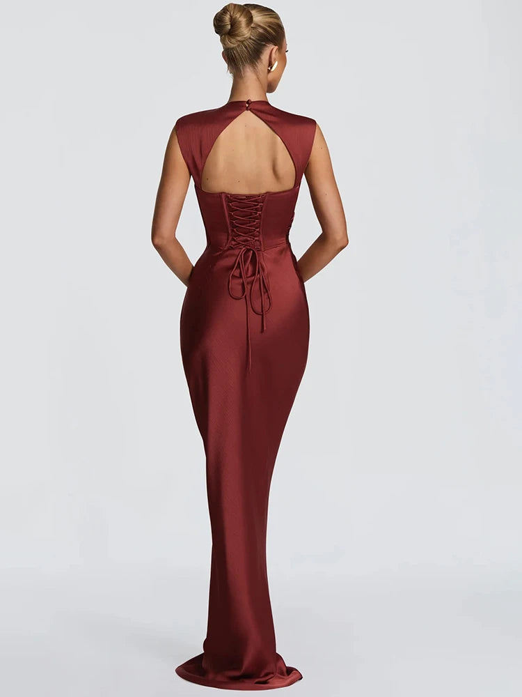 Mozision Satin Cowl Neck Mermaid Maxi Dress Women Elegant Sleeveless Draped Ruched Bodycon Long Evening Party Gown Vestidos