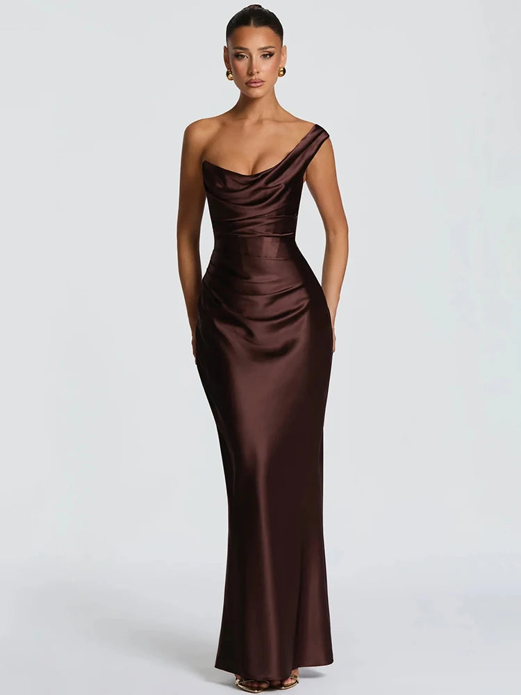 Mozision Elegant Satin One Shoulder Evening Dress Women Cowl Neck Sleeveless Bodycon Maxi Dress 2026 Spring Summer Party Gowns