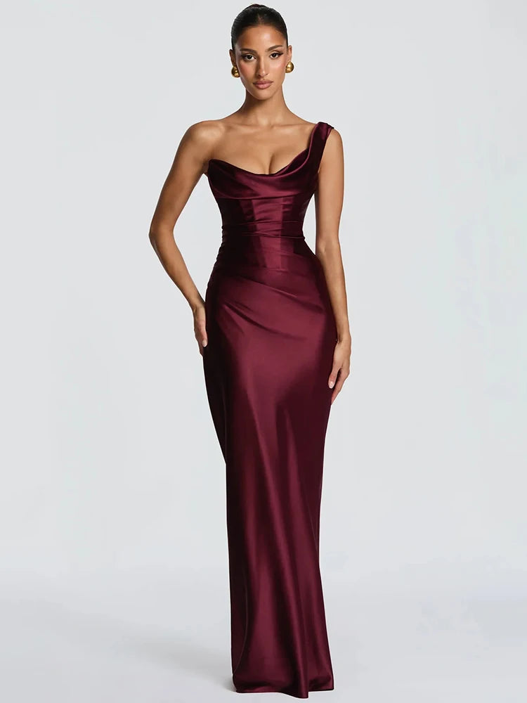 Mozision Elegant Satin One Shoulder Evening Dress Women Cowl Neck Sleeveless Bodycon Maxi Dress 2026 Spring Summer Party Gowns