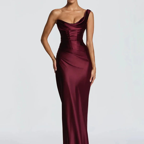 Mozision Elegant Satin One Shoulder Evening Dress Women Cowl Neck Sleeveless Bodycon Maxi Dress 2026 Spring Summer Party Gowns