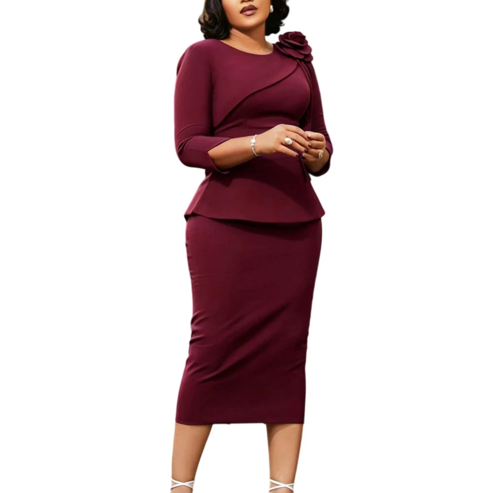 JENYAGE Women Modest Elegant Classy 3D Flower Peplum Midi Dress 3/4 Sleeve Round Neck Bodycon Pencil Formal Office Church Outfit