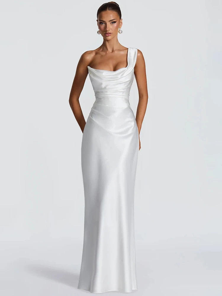 Mozision Elegant Satin One Shoulder Evening Dress Women Cowl Neck Sleeveless Bodycon Maxi Dress 2026 Spring Summer Party Gowns