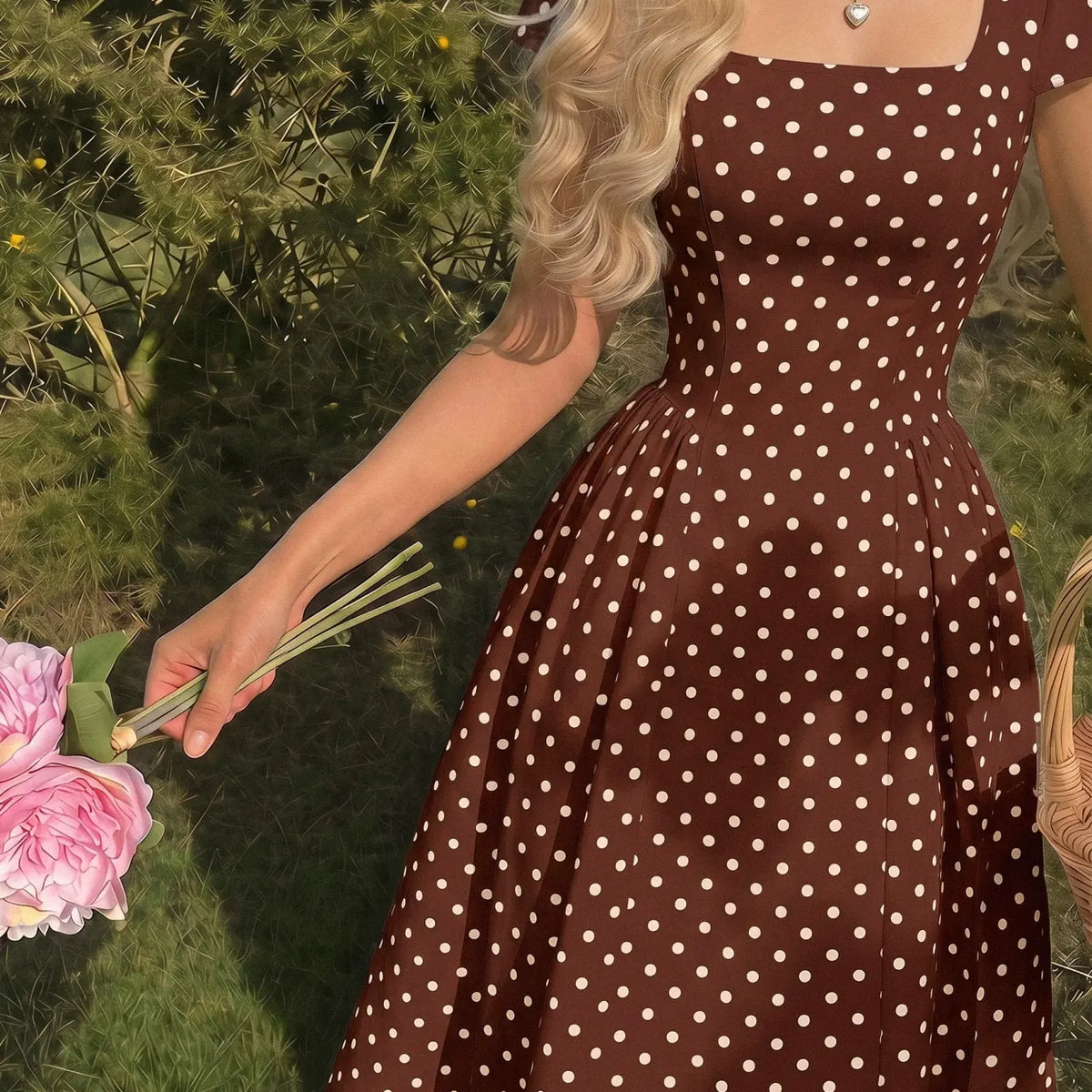 Women Polka Dot Chiffon Midi Dress Square Neck Puff Sleeve Pleated A-Line Dress Casual Summer Elegant Dresses Y2k Streetwear New