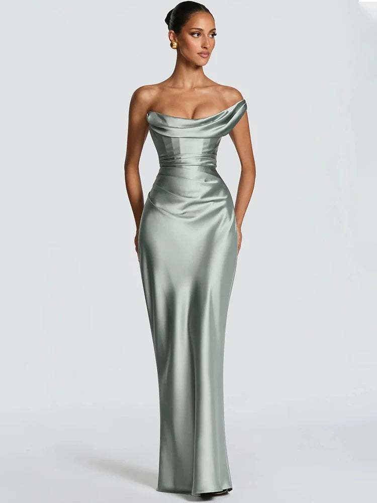 Mozision Elegant Satin One Shoulder Evening Dress Women Cowl Neck Sleeveless Bodycon Maxi Dress 2026 Spring Summer Party Gowns