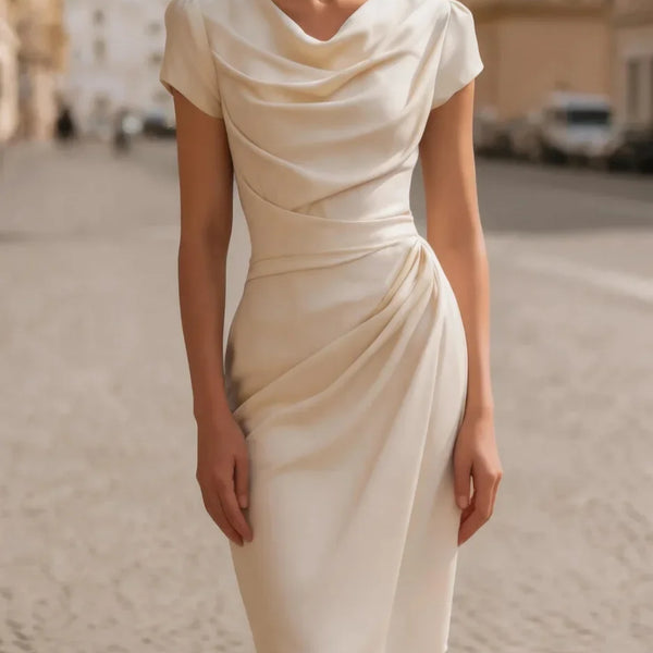 Women Cowl Neck Satin Midi Pencil Dress Cap Sleeve Waist Ruched Slim Elegant Cocktail Dress