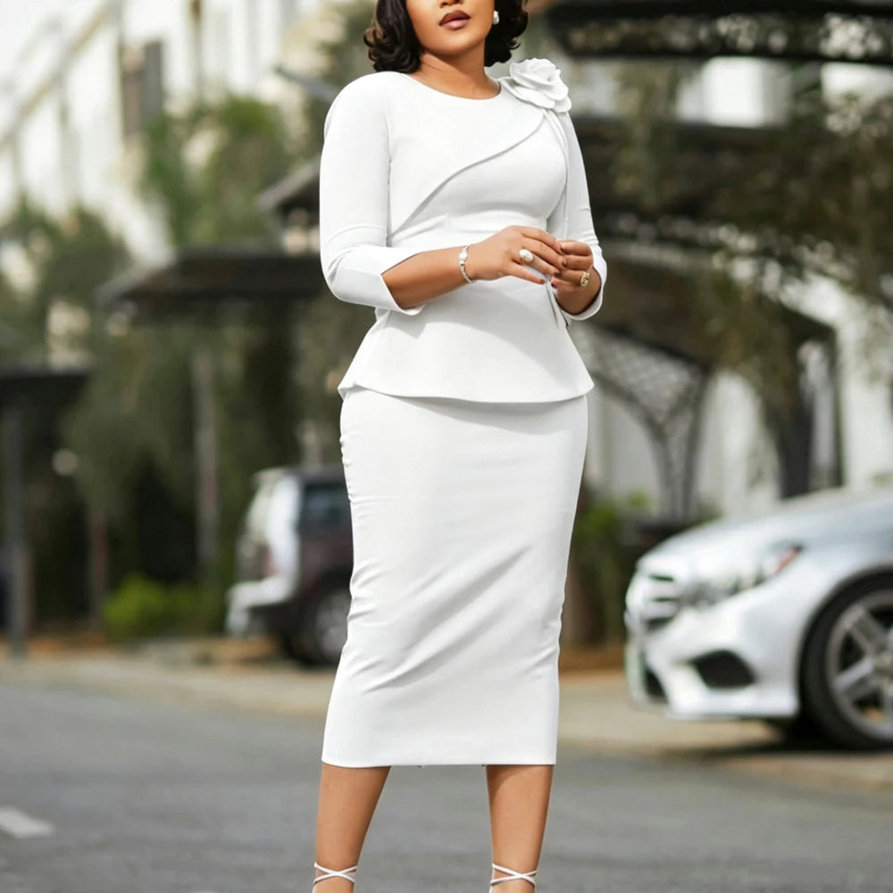 JENYAGE Women Modest Elegant Classy 3D Flower Peplum Midi Dress 3/4 Sleeve Round Neck Bodycon Pencil Formal Office Church Outfit