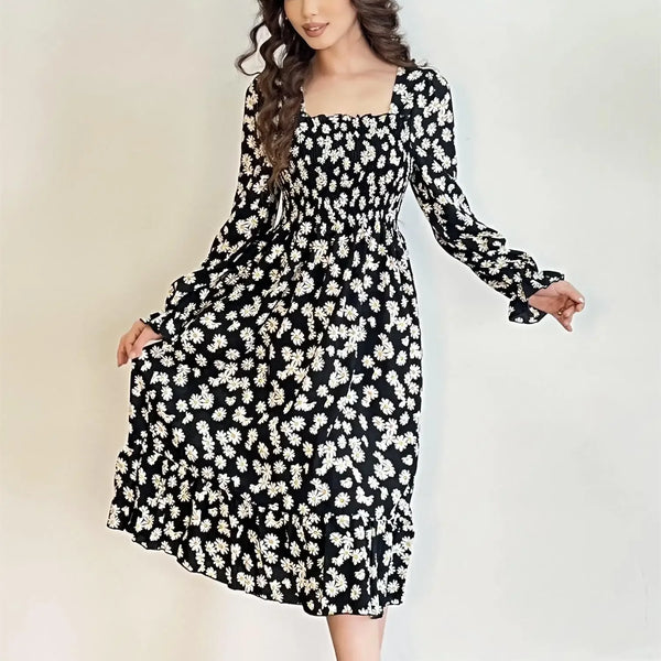 Long Sleeve Casual Dress Women Chiffon Dresses Autumn Spring A-line Printed Floral Elastic Chest Lace Up Midi Dresses Vestidos