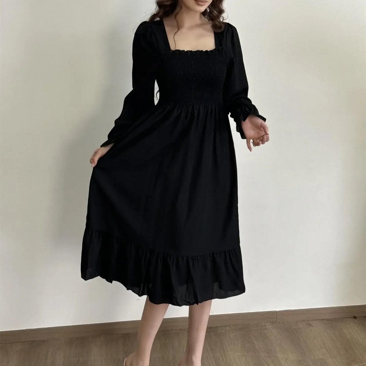 Long Sleeve Casual Dress Women Chiffon Dresses Autumn Spring A-line Printed Floral Elastic Chest Lace Up Midi Dresses Vestidos