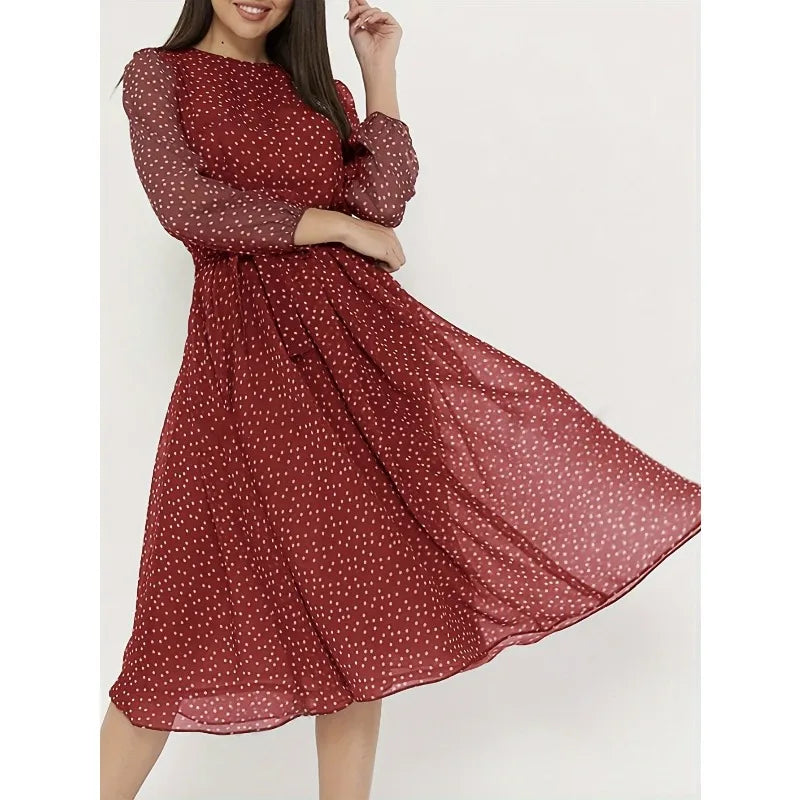 Women's Midi Dress Round Neck 3/4 Sleeve Polka Dot Print Chiffon Waist Tie Flared Big Hem Woman Clothing Dress for Garden Party
