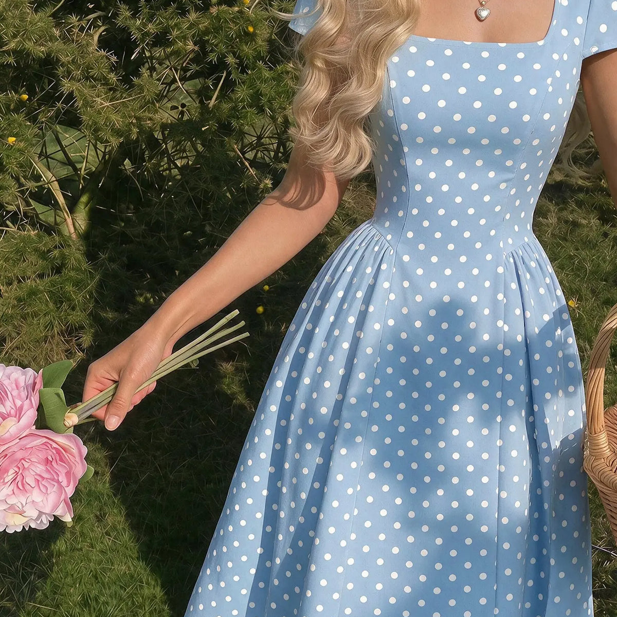 Women Polka Dot Chiffon Midi Dress Square Neck Puff Sleeve Pleated A-Line Dress Casual Summer Elegant Dresses Y2k Streetwear New