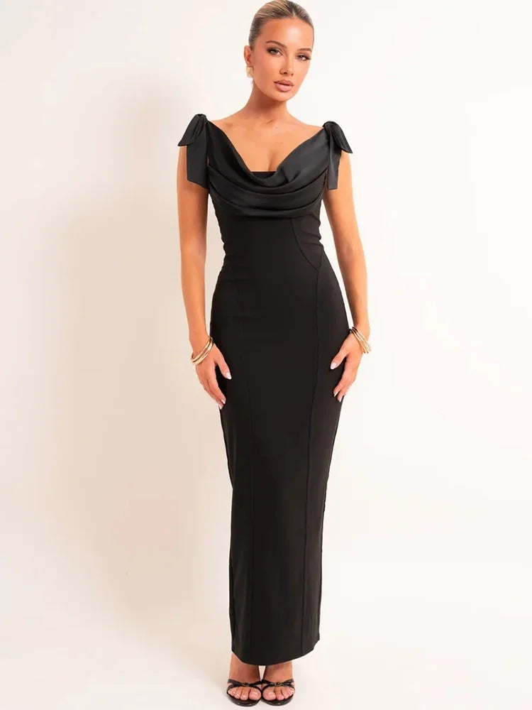 Mozision Women Draped Cowl Neck Mermaid Maxi Dress Bow Shoulder Sleeveless Back Split Solid Pink Satin Evening Party Long Dress