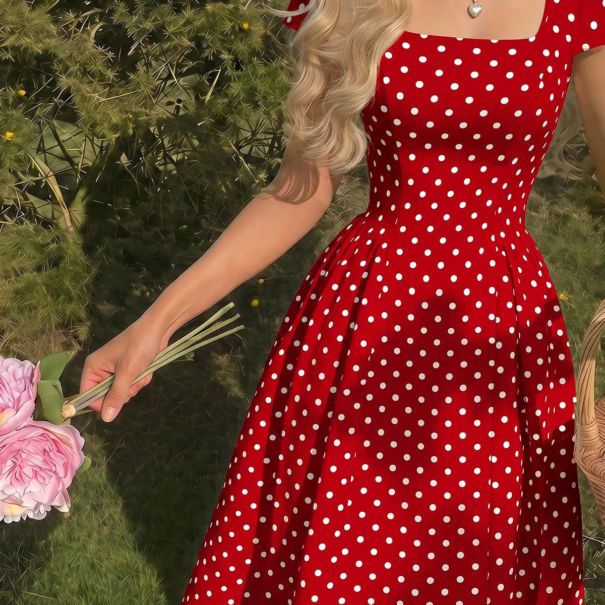 Women Polka Dot Chiffon Midi Dress Square Neck Puff Sleeve Pleated A-Line Dress Casual Summer Elegant Dresses Y2k Streetwear New