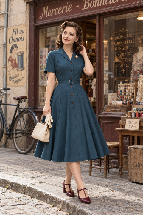 Robe bleu canard vintage années 40