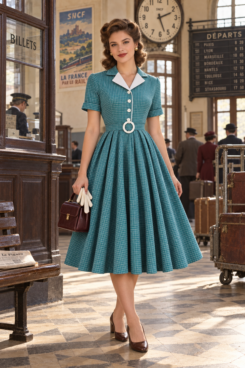 Robe vintage années 40 à carreaux bleu-vert