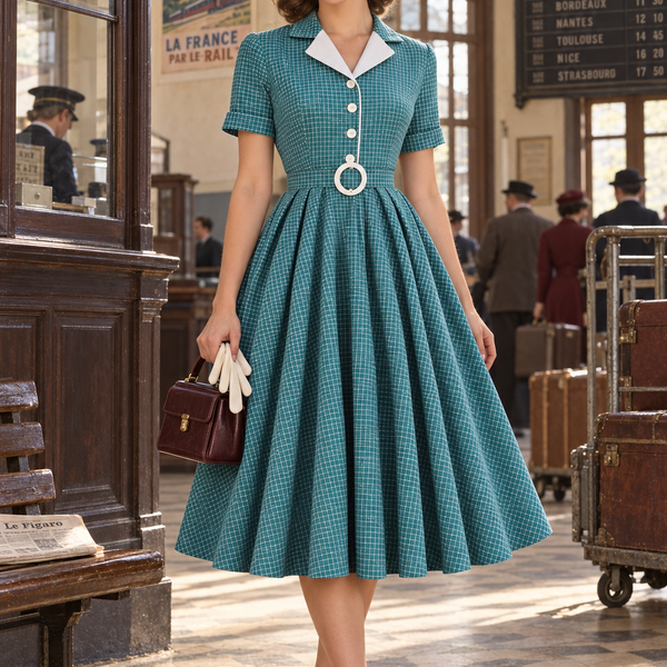 Robe vintage années 40 à carreaux bleu-vert